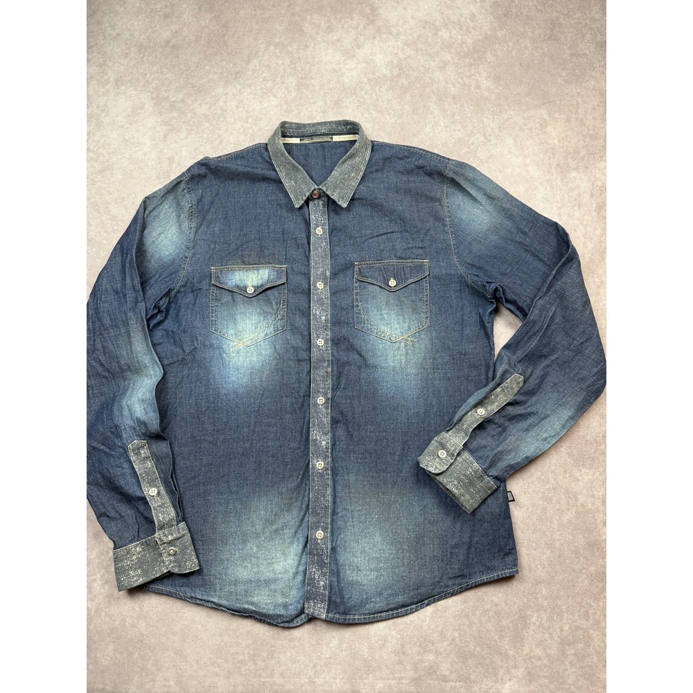Marithe Francois Girbaud Mens XL Blue Denim Button Shirt Long Sleeve Faded Y2K